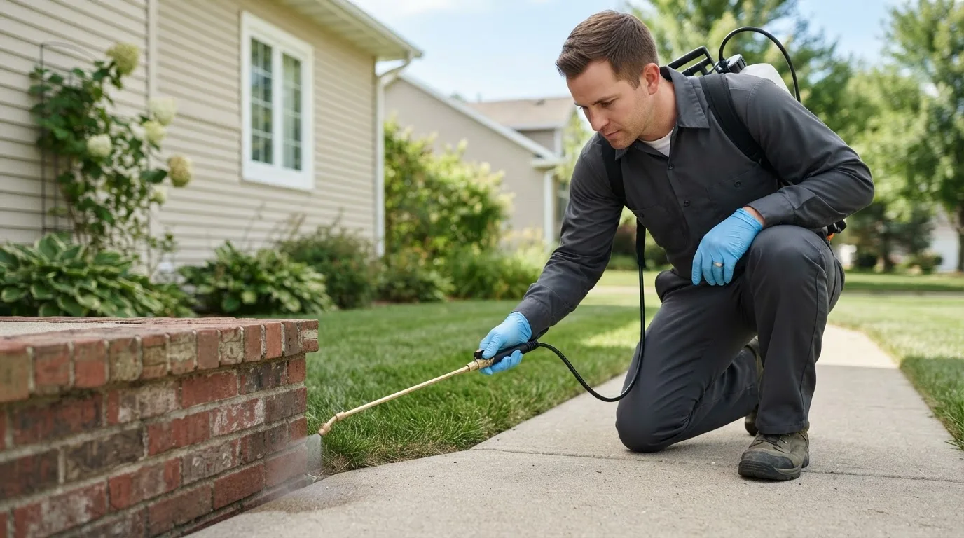 Pest control technician treating a home near Petroleum, IN