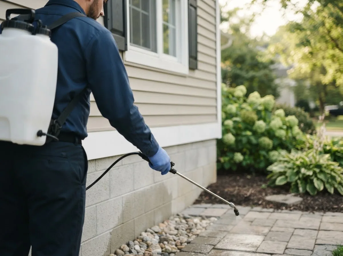Pest control technician inspecting a home in Petroleum, IN